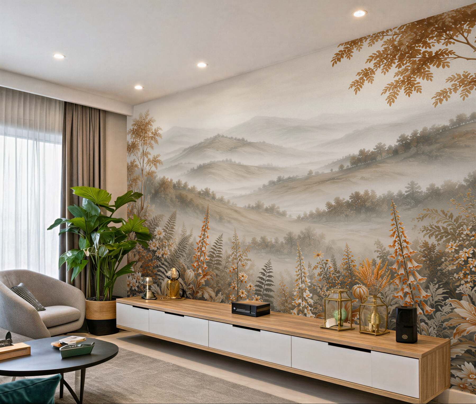 Fototapeten Berglandschaft mit Blumen