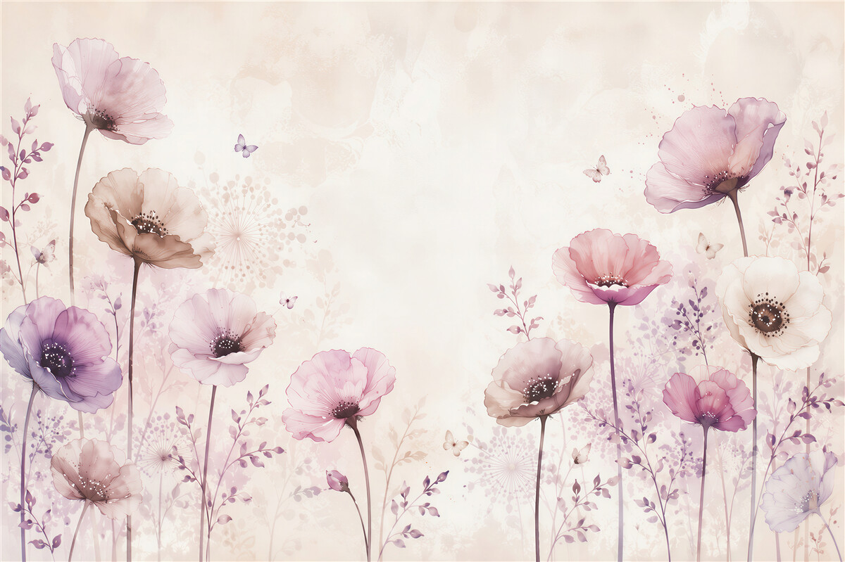 Fototapeten pastellfarbene Blumen mit Schmetterlingen