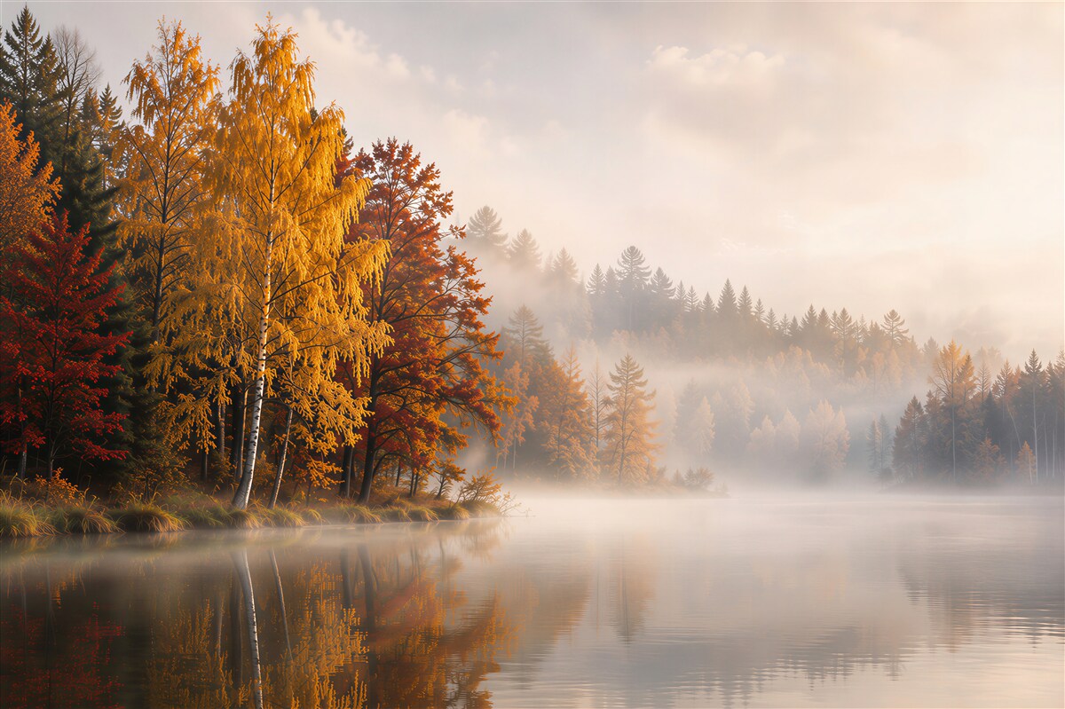 Fototapeten nebliger Herbstwald am See