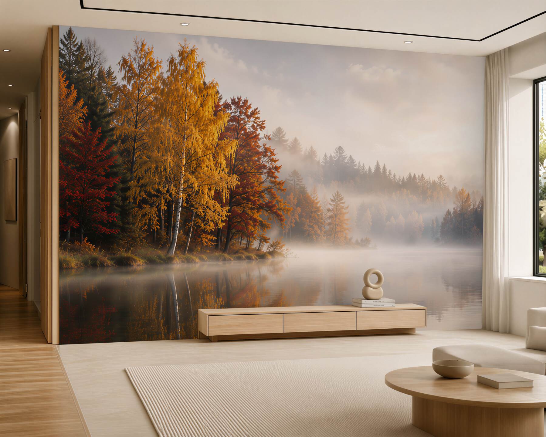 Fototapeten nebliger Herbstwald am See