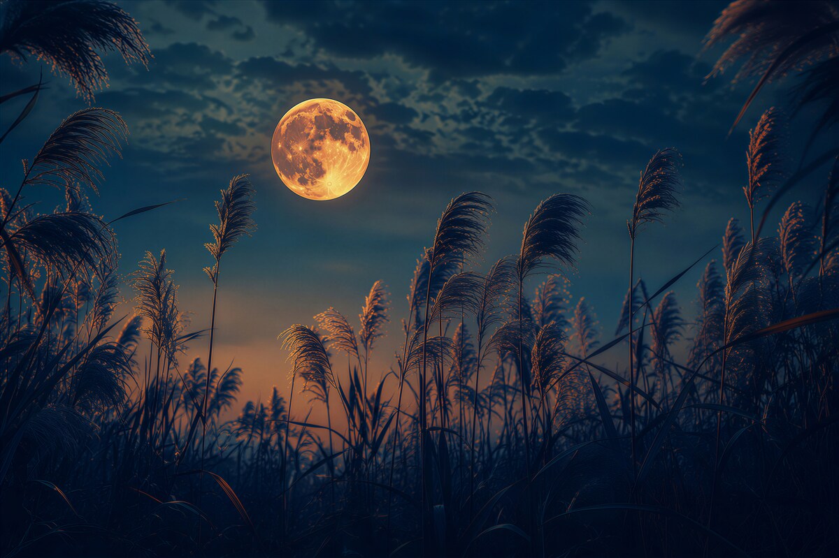 Fototapeten Mond über einer Wiese