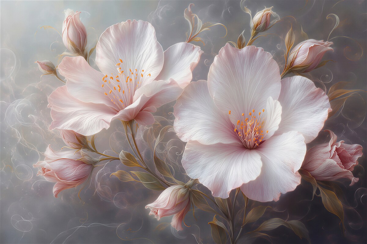 Fototapeten weiße Blumen auf grauem Hintergrund