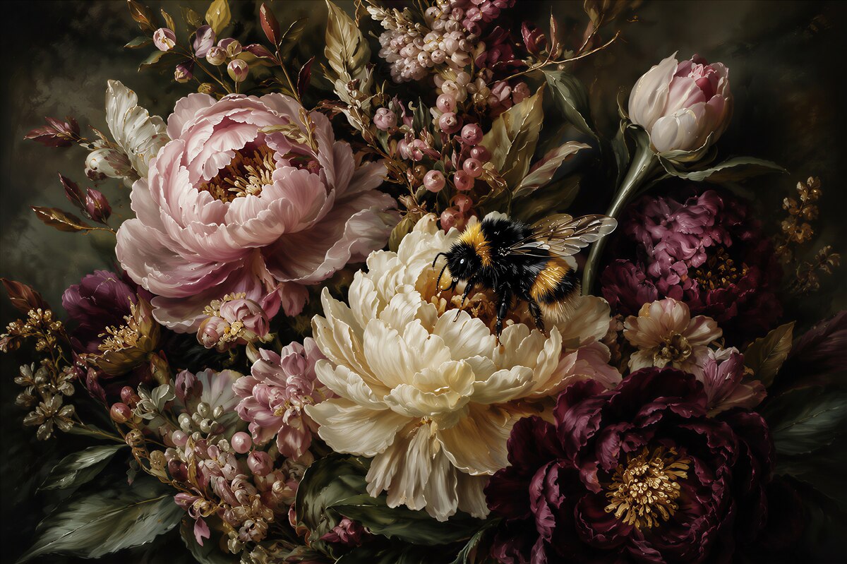 Fototapeten Pfingstrosen und Biene in den Blumen