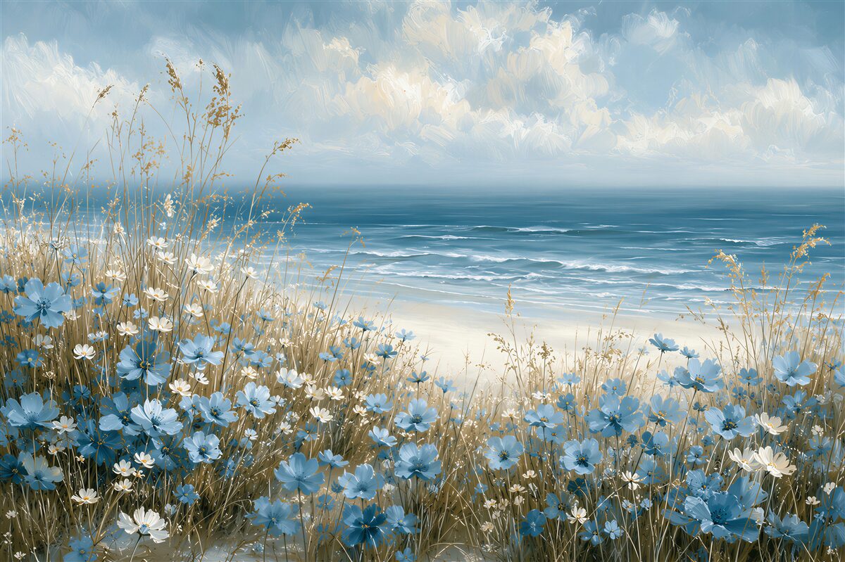 Fototapeten blaue Blumen über dem Meer