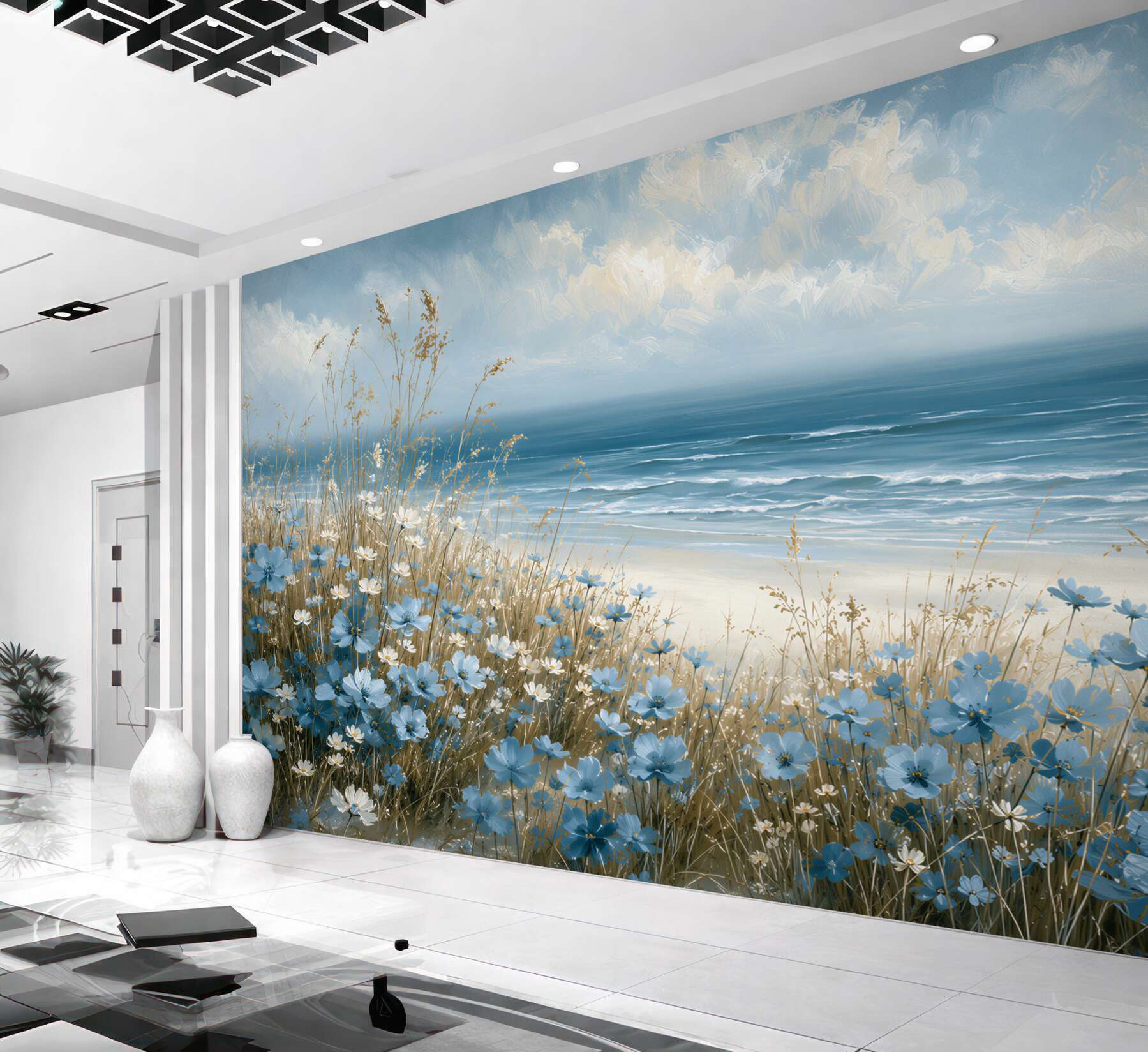 Fototapeten blaue Blumen über dem Meer