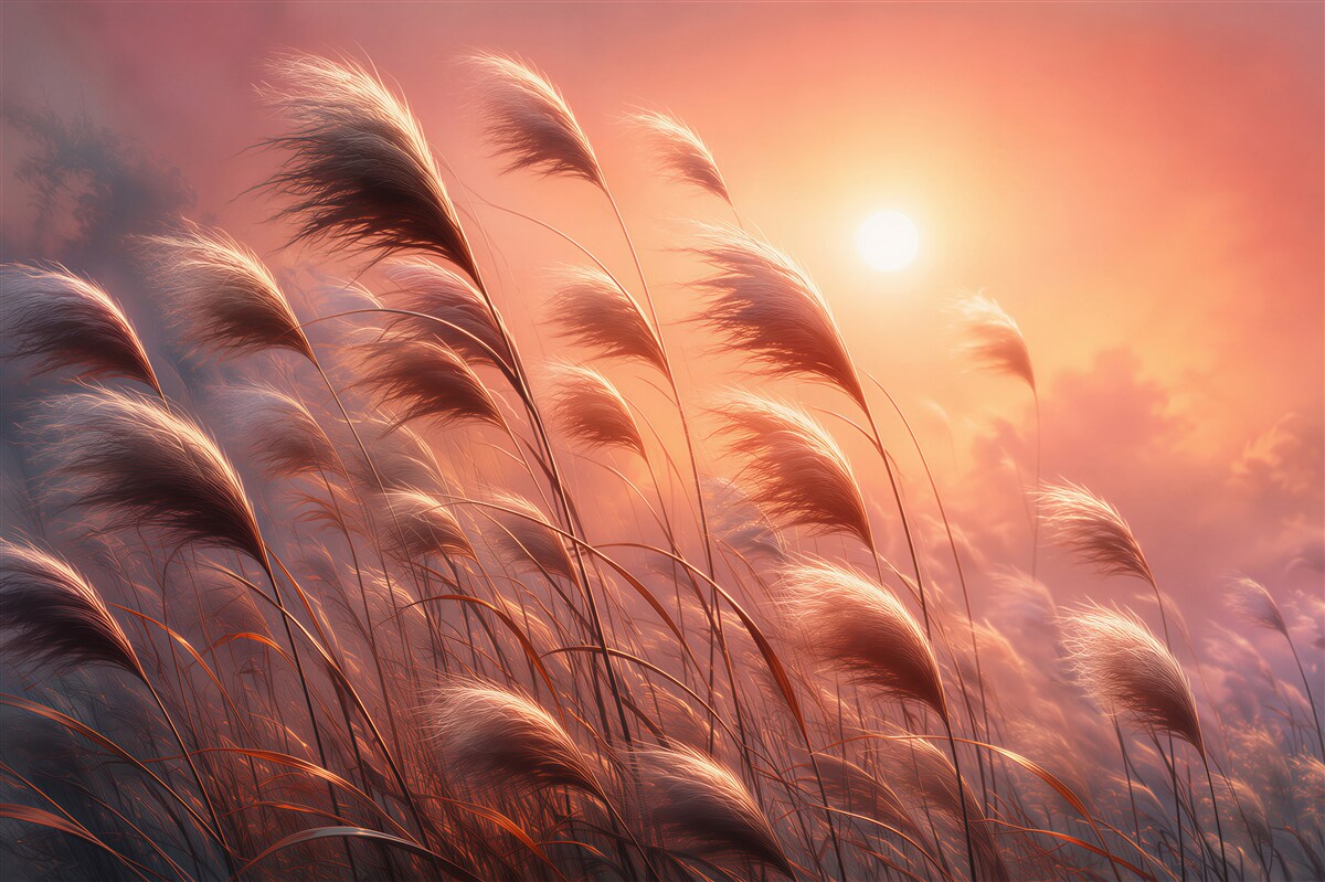 Fototapeten Sonnenuntergang mit Gräsern