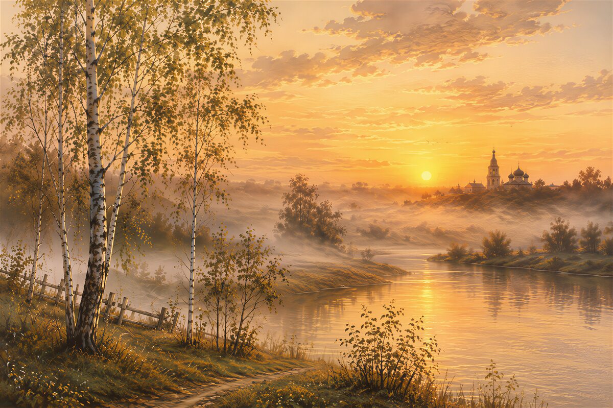 Fototapeten Sonnenuntergang mit Birken