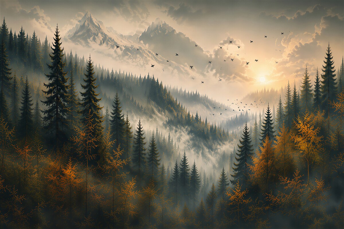 Fototapeten Berglandschaft bei Sonnenuntergang