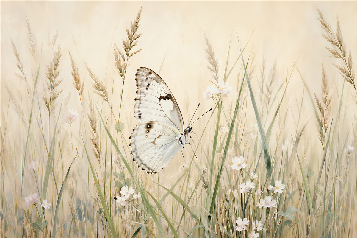 Fototapeten weißer Schmetterling auf einer Wiese