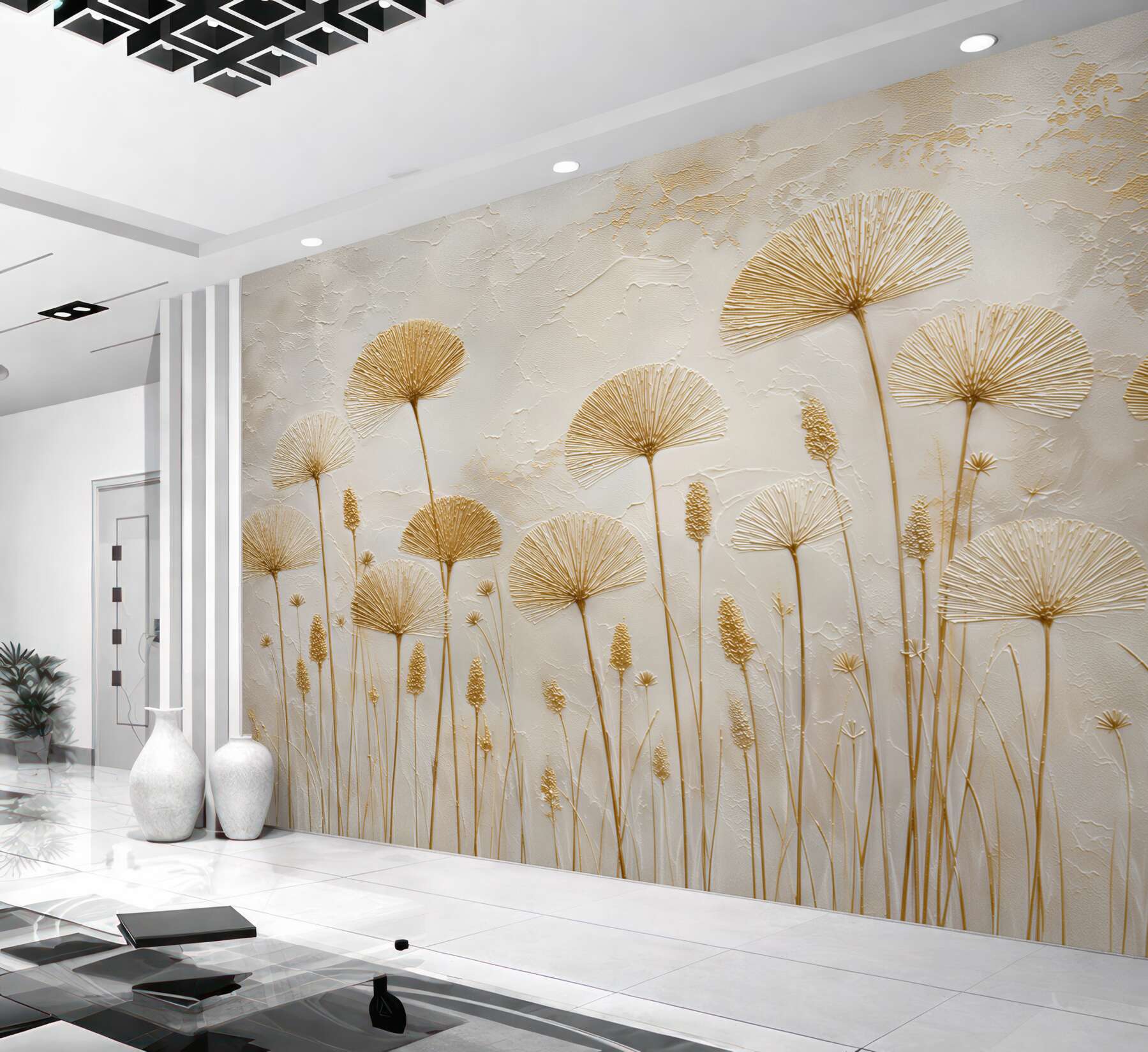 Fototapeten goldene Löwenzähne an der Wand