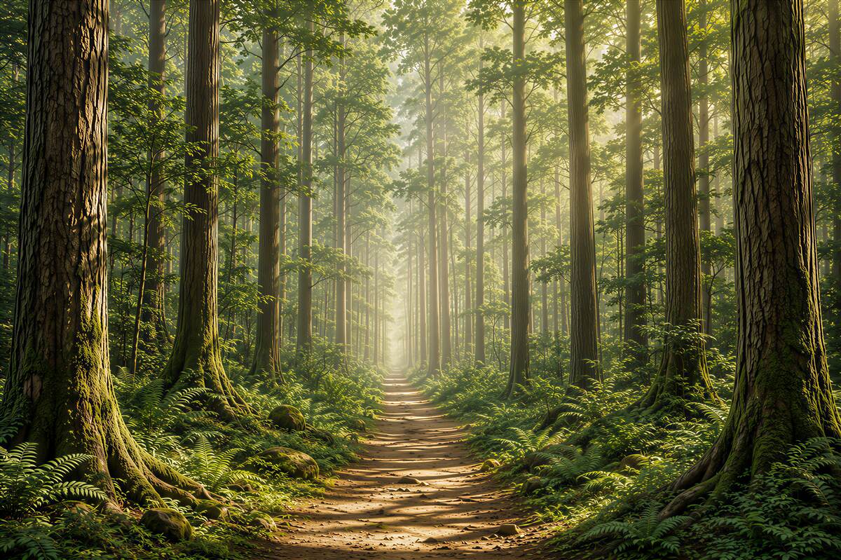 Fototapeten Waldweg im Nebel