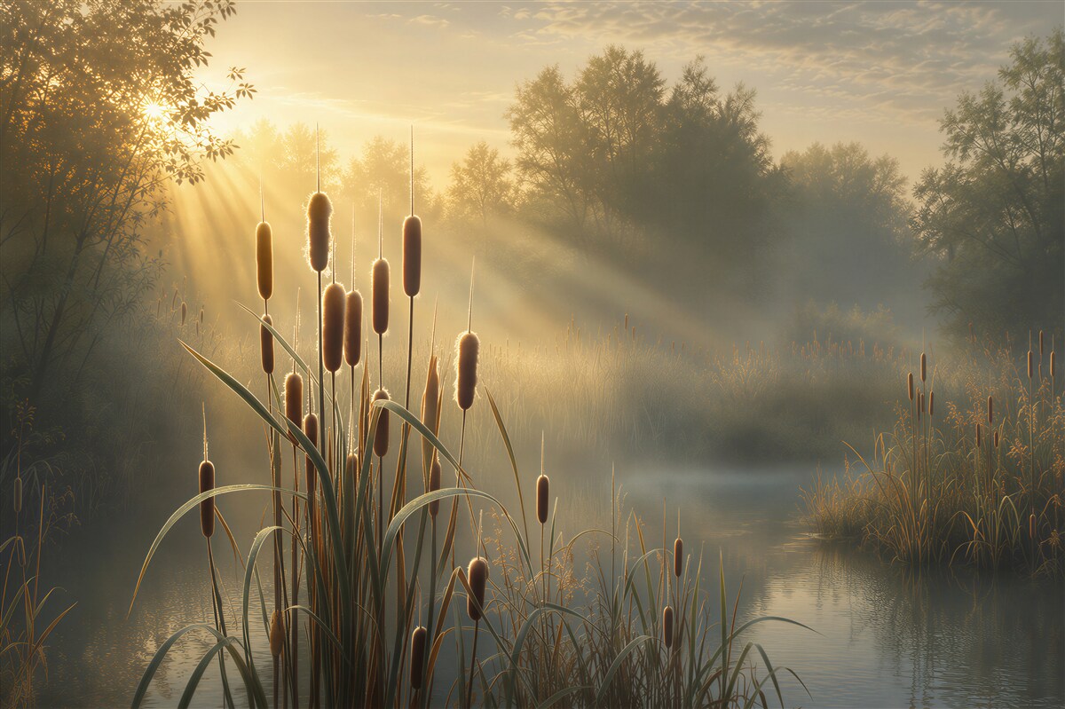 Fototapeten Morgenrohrkolben am See