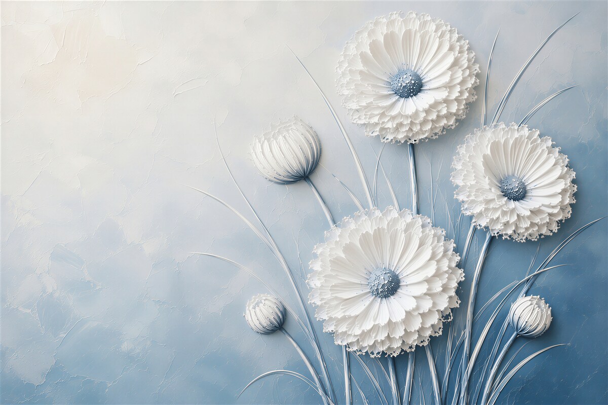 Fototapeten weiße Blumen auf blauem Hintergrund