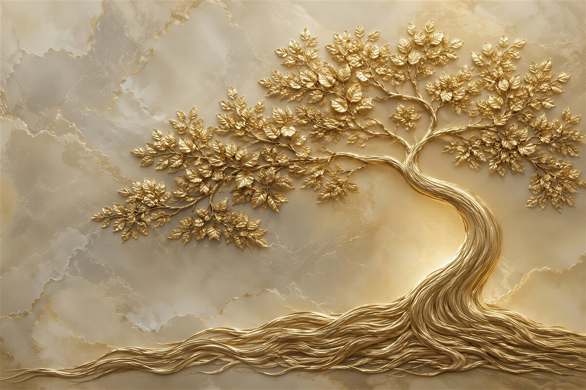 Fototapeten goldener Baum auf Marmor