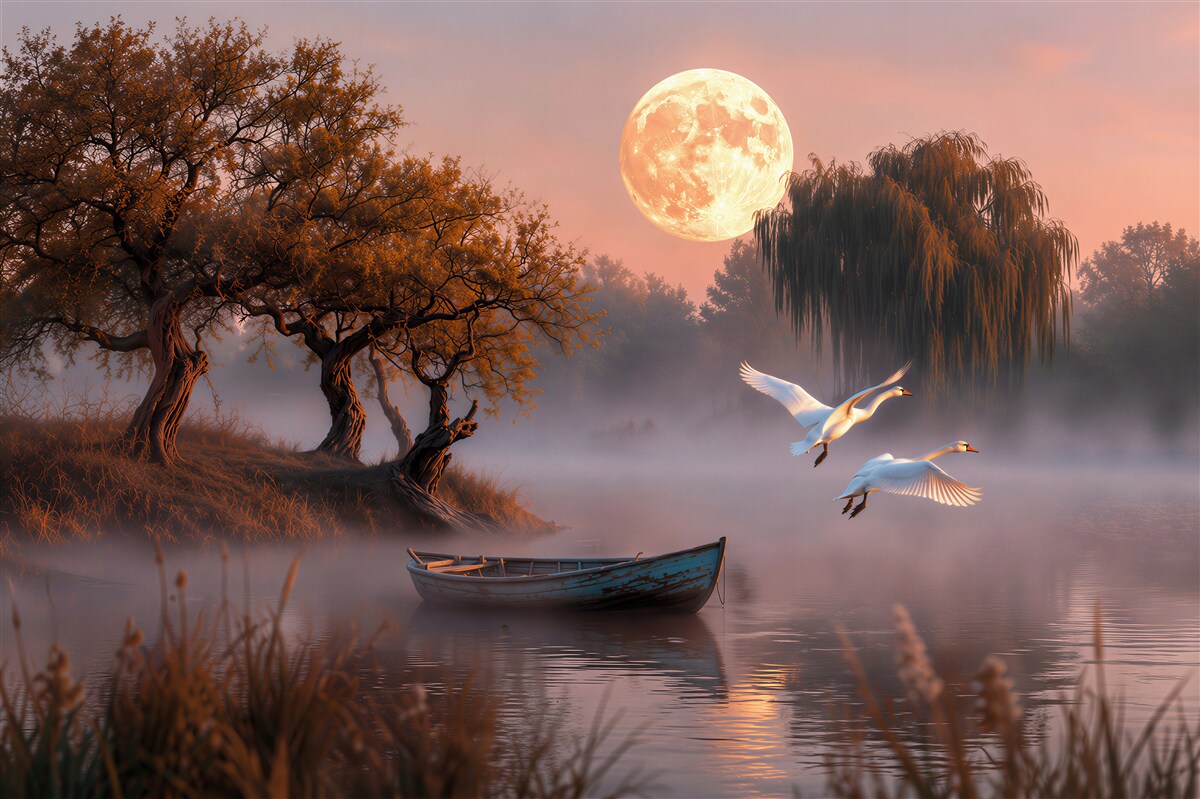 Fototapeten Schwäne bei Vollmond
