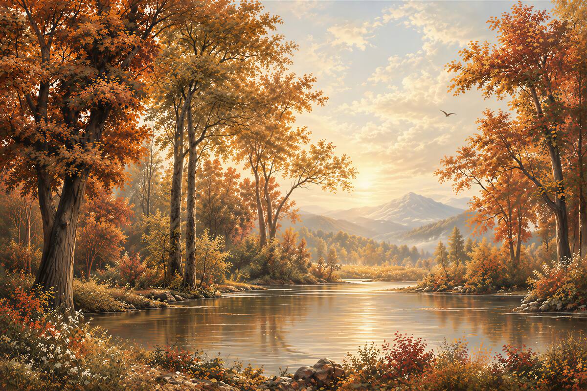 Fototapeten herbstliche Landschaft am Fluss