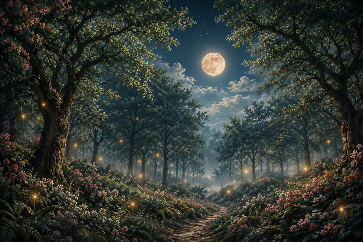 Fototapeten magischer Wald bei Nacht