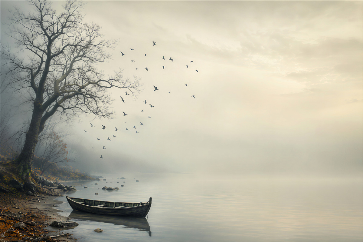 Fototapeten nebliger Landschaft mit Boot