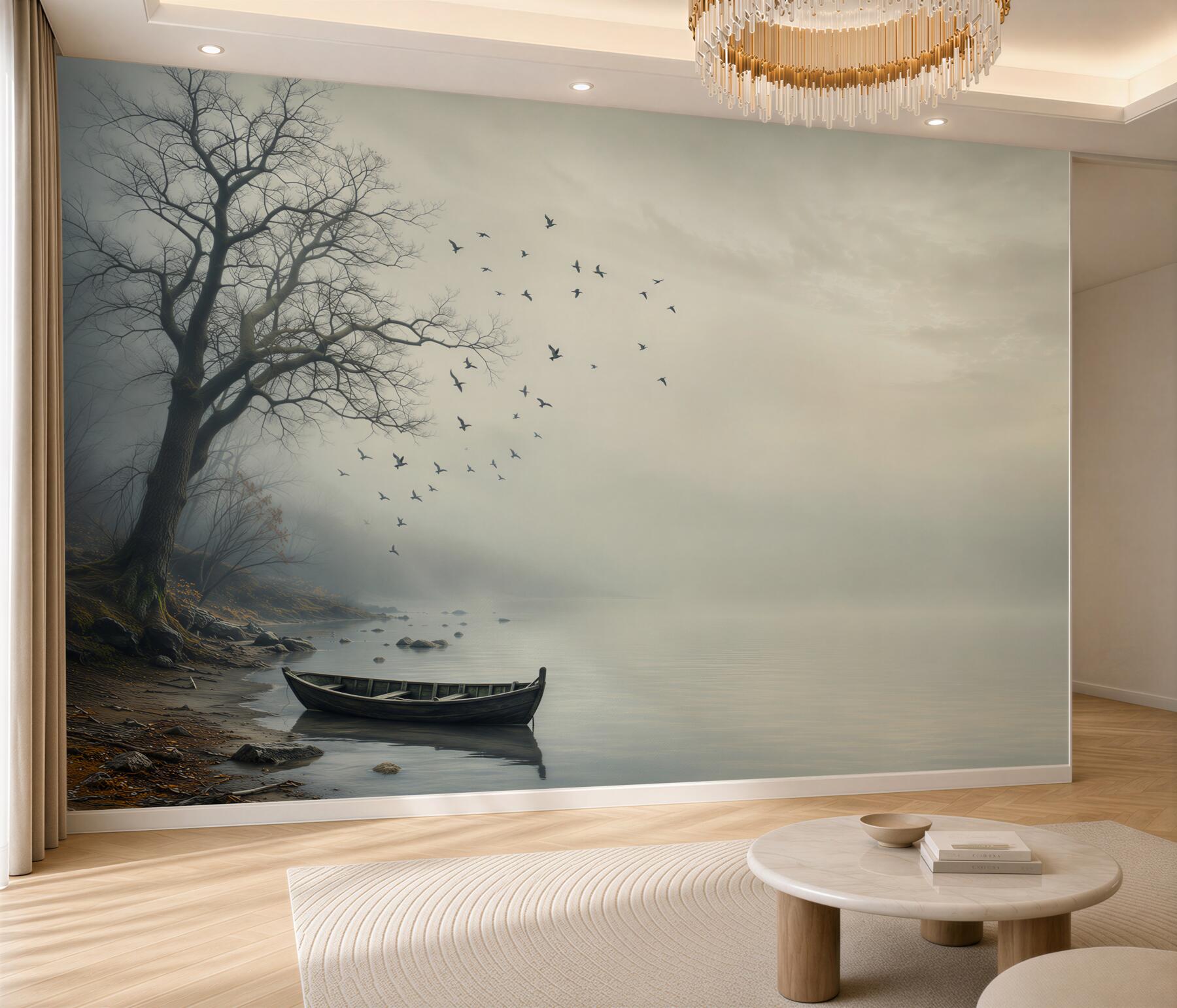 Fototapeten nebliger Landschaft mit Boot