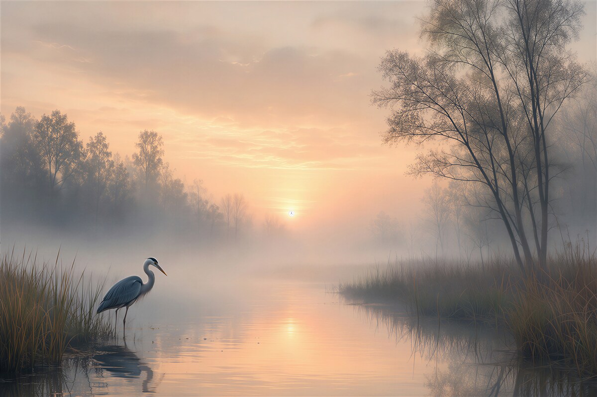 Fototapeten Morgen am See mit einem Reiher
