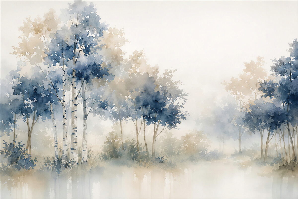Fototapeten Wald im Nebel in Aquarell