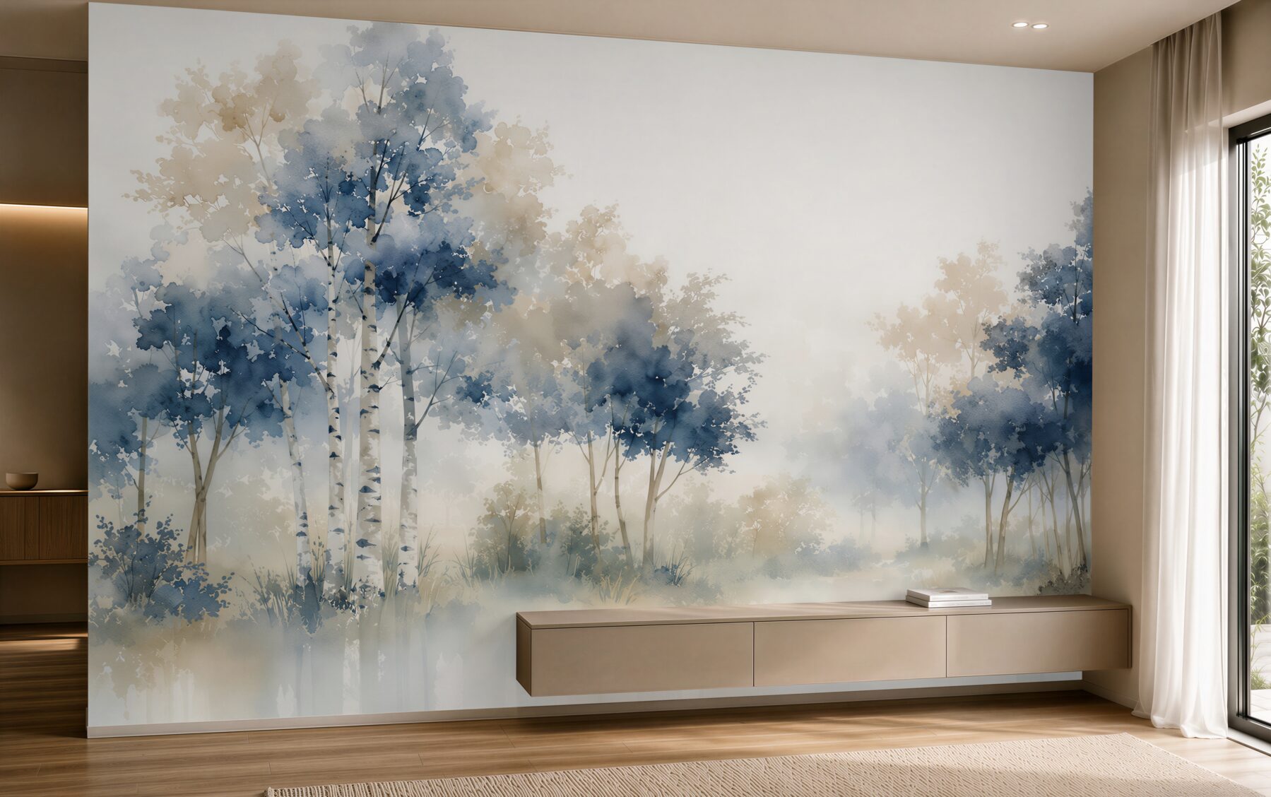 Fototapeten Wald im Nebel in Aquarell