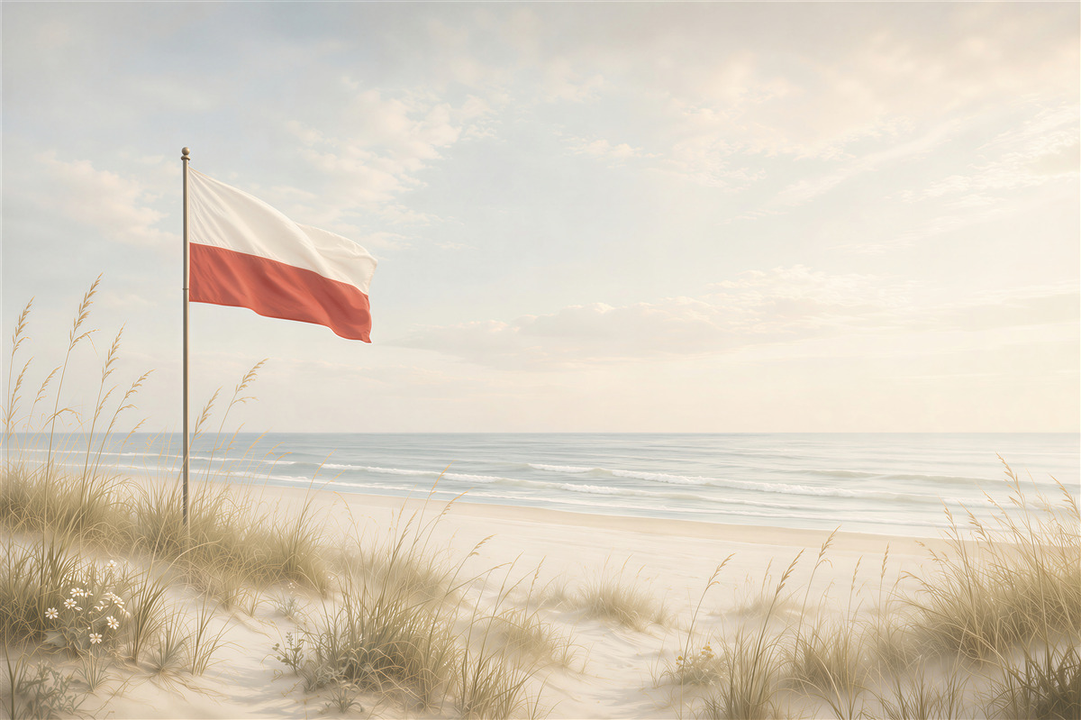 Fototapeten Strand mit der polnischen Flagge