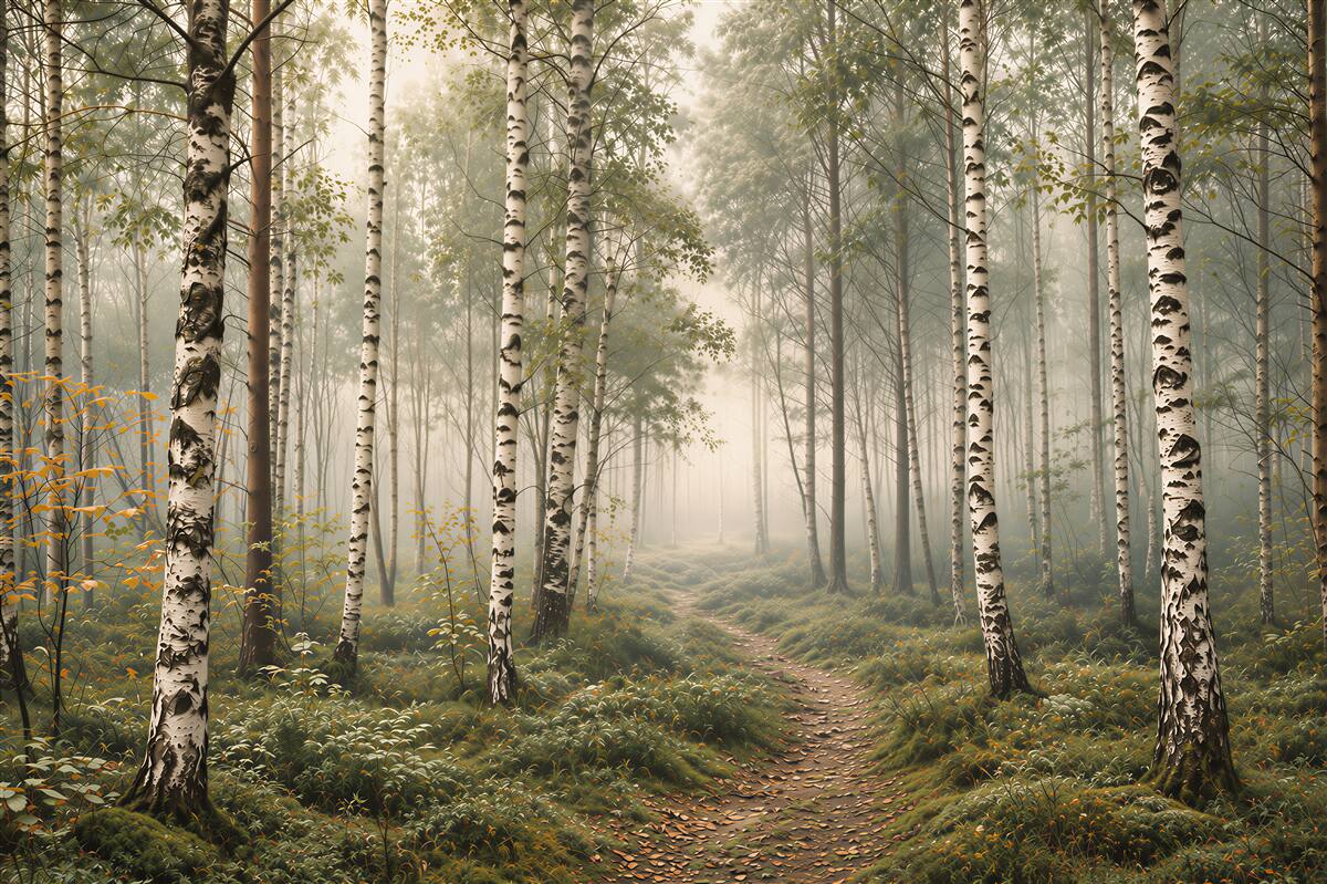 Fototapeten Birkenwald im Nebel