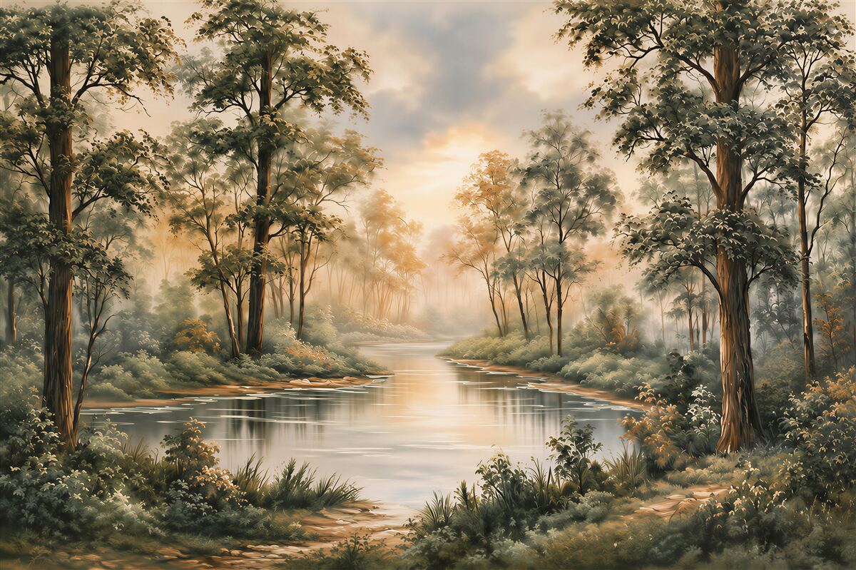 Fototapeten Waldfluss im Nebel