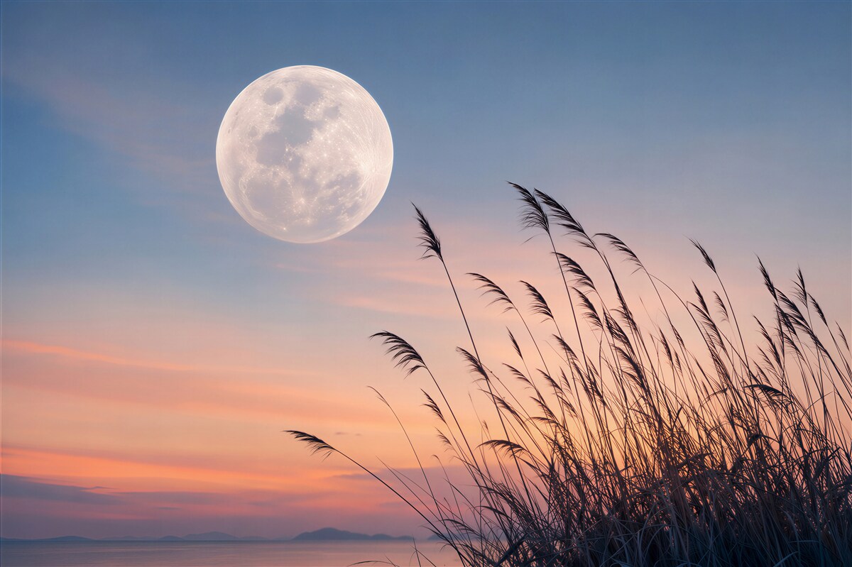 Fototapeten Mond über den Gräsern