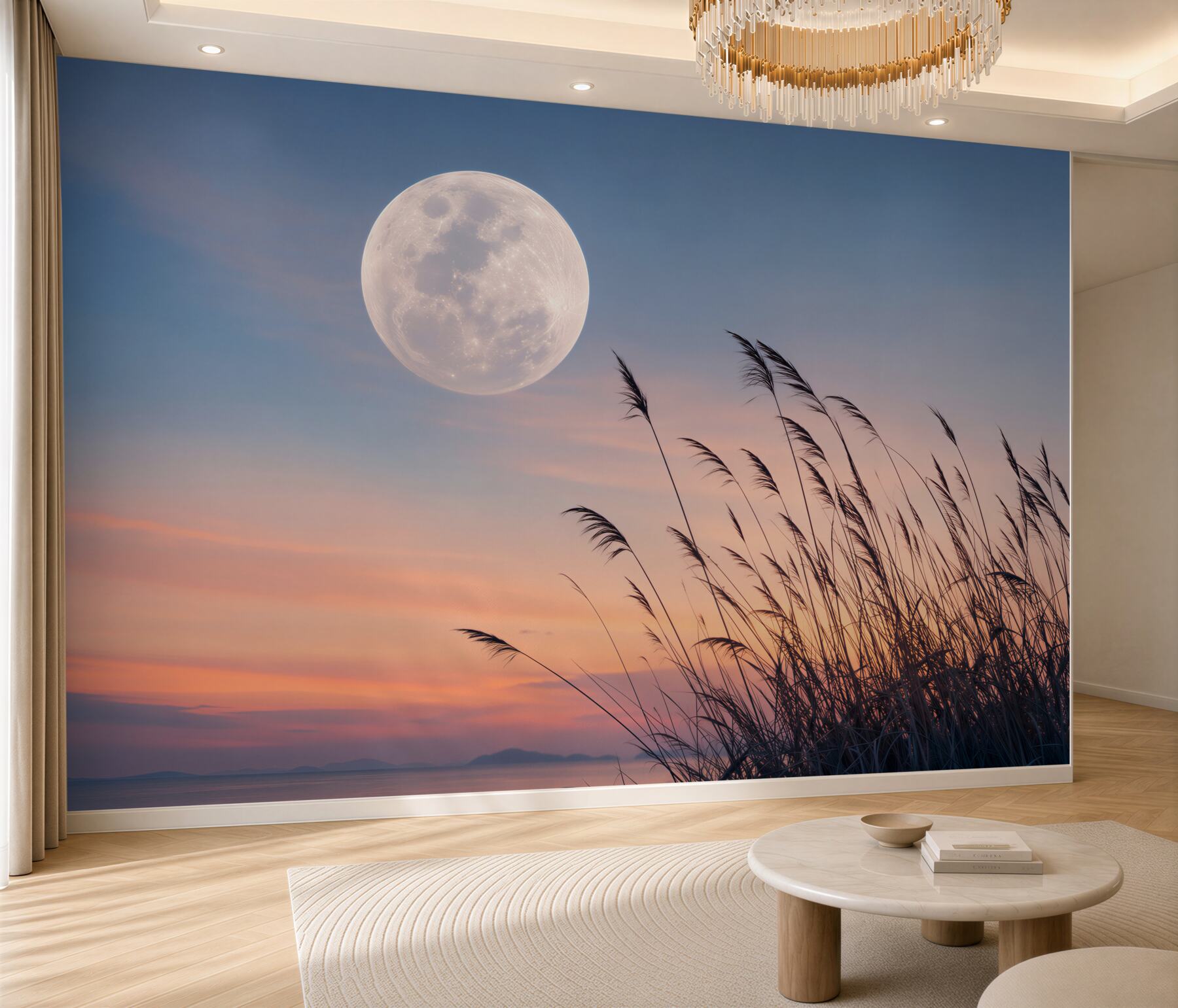 Fototapeten Mond über den Gräsern