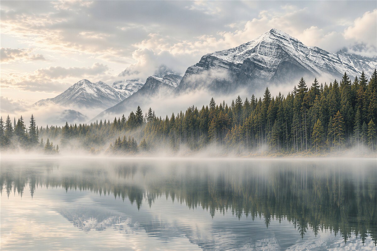 Fototapeten Berge im Nebel über dem See