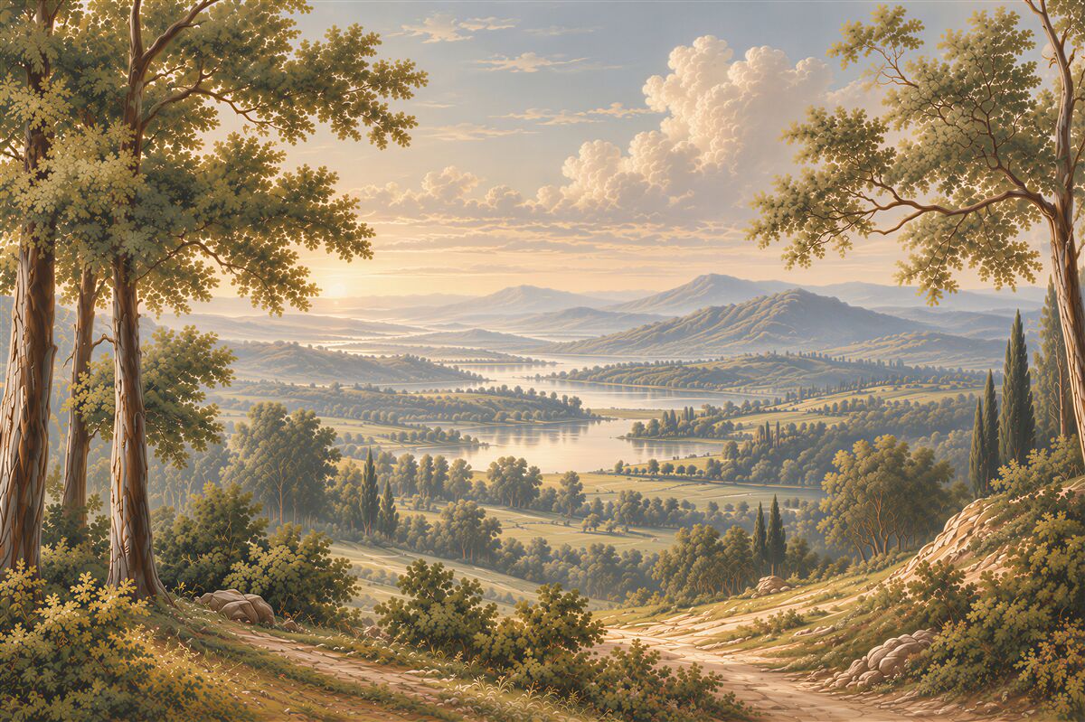 Fototapeten Berglandschaft bei Sonnenuntergang