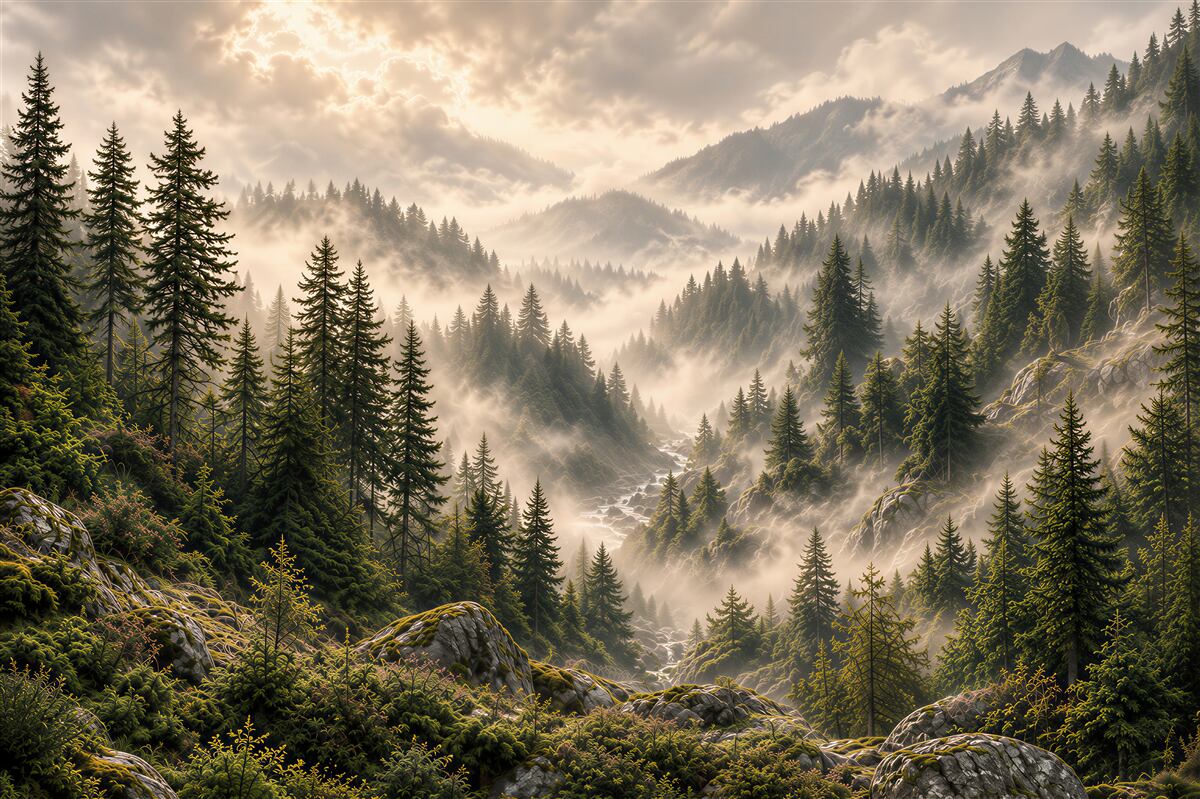Fototapeten neblige Berglandschaft