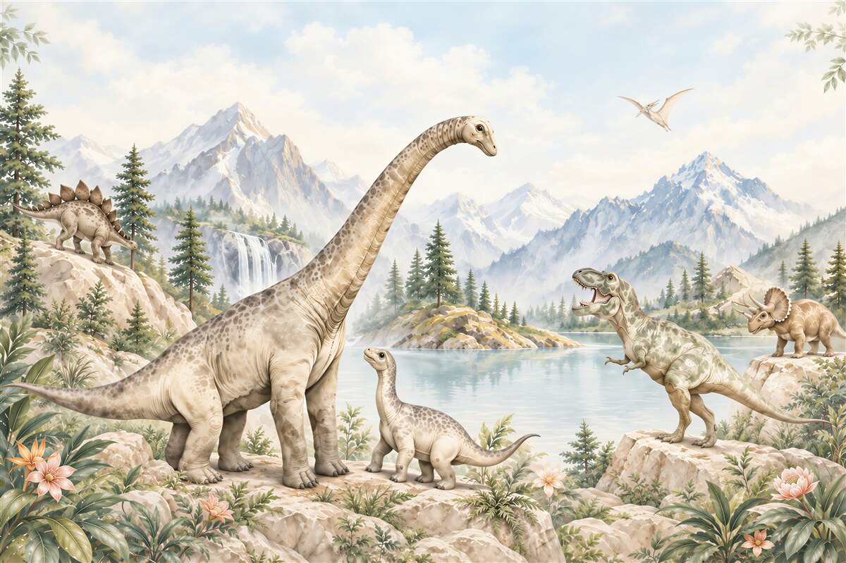 Fototapeten Dinosaurier in der Berglandschaft