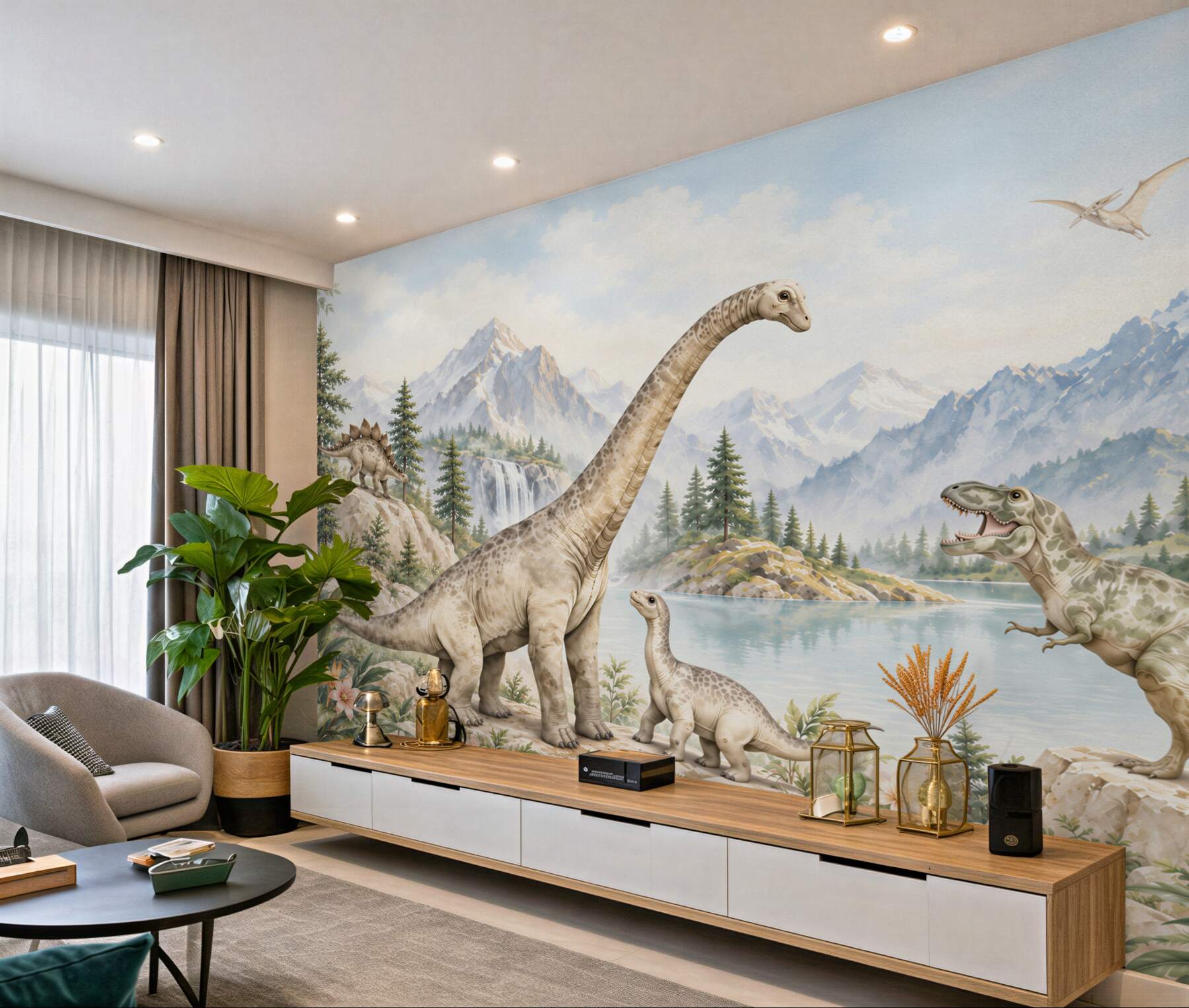 Fototapeten Dinosaurier in der Berglandschaft