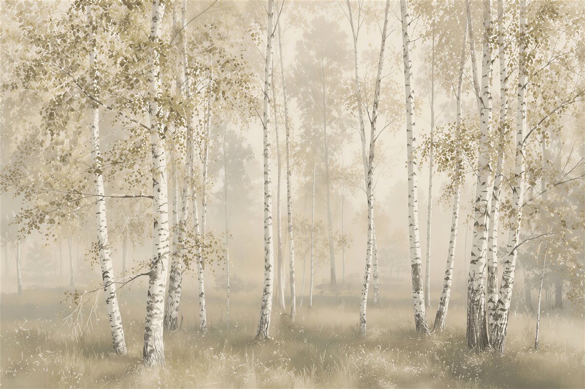 Fototapeten Birkenwald im Nebel
