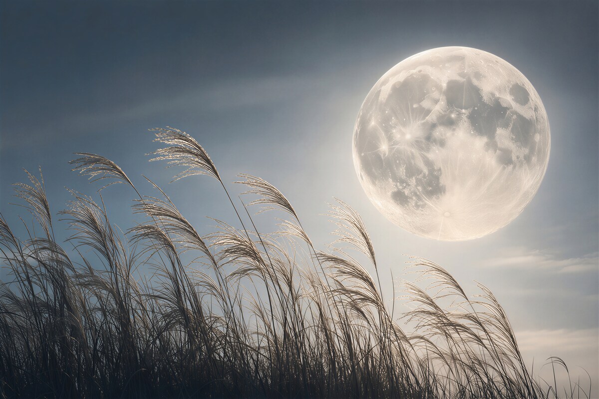 Fototapeten Vollmond über den Gräsern